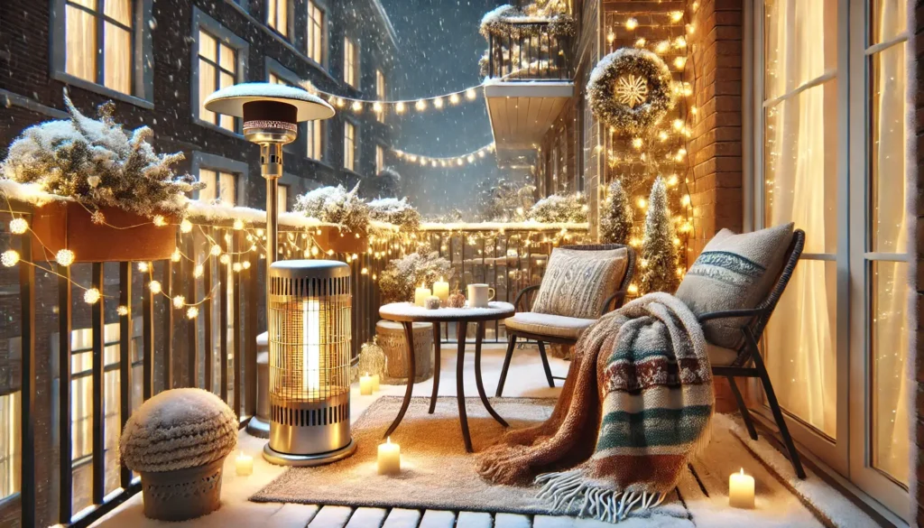 A cozy, Christmas-decorated balcony featuring vintage ornaments, fairy lights, candles, and warm textiles. The seating area is surrounded by greenery, creating a nostalgic and inviting winter atmosphere.