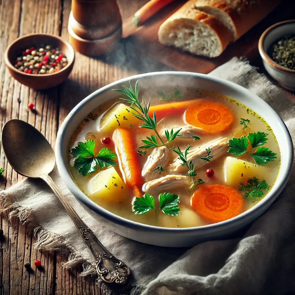 A realistic bowl of chicken soup served in a white ceramic bowl. The soup includes tender chicken pieces, bright orange carrot slices, chunks of potatoes, and fresh green herbs in a rich, clear broth. The scene is warm and inviting, with steam rising from the soup, placed on a rustic wooden table with a metal spoon and a slice of crusty bread beside it