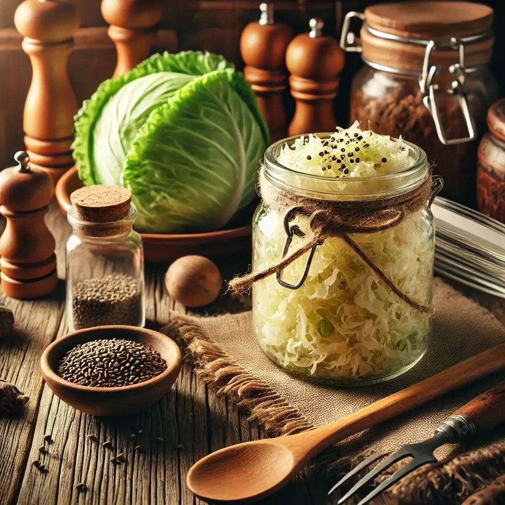 Jar of homemade sauerkraut with fresh cabbage and caraway seeds in a rustic kitchen setting.